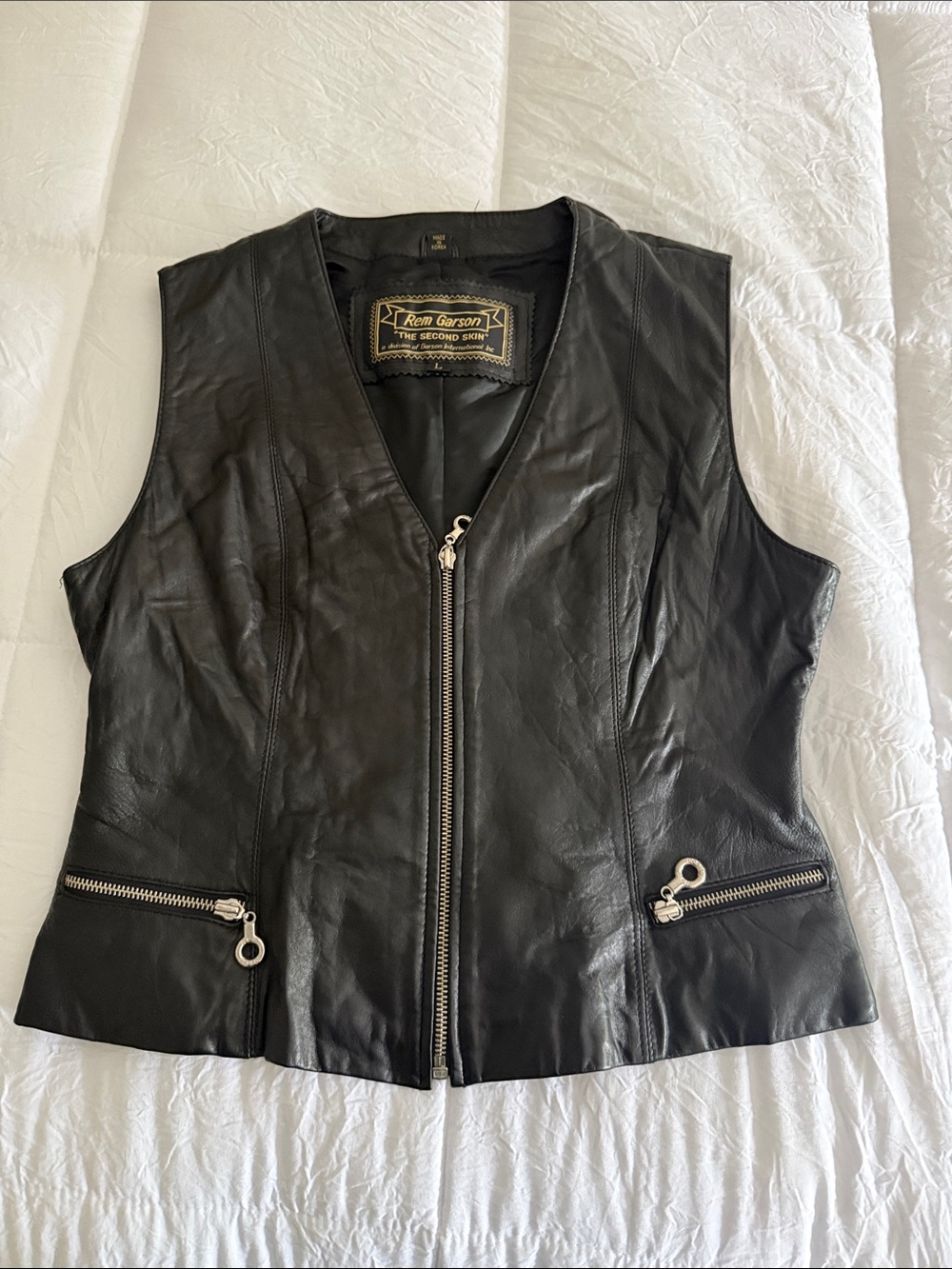 Rem Garson Black Leather Zip-Front Sleeveless Vest